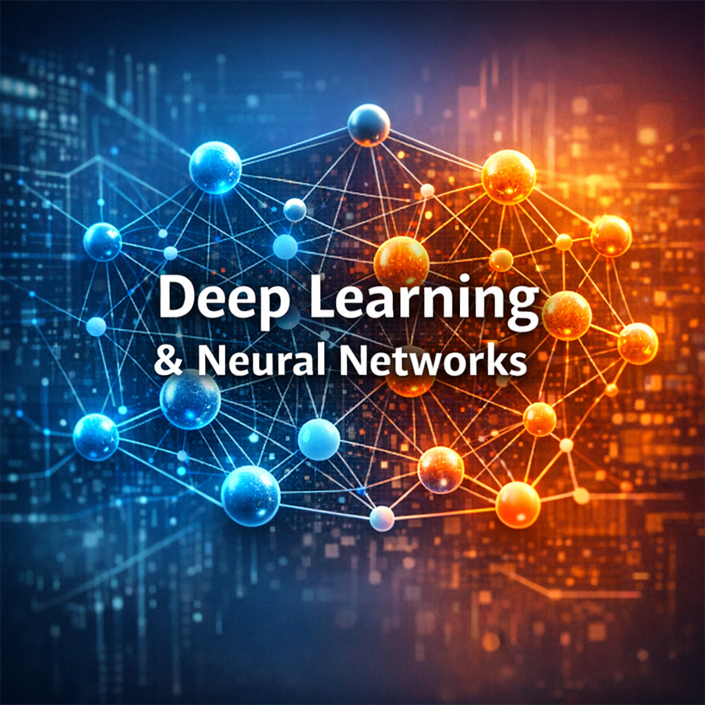 Digital illustration of a neural network with glowing nodes and connections, split between cool blue and warm orange tones. Centered text reads ‘Deep Learning & Neural Networks’ in bold white font, representing AI pattern recognition and machine learning systems.